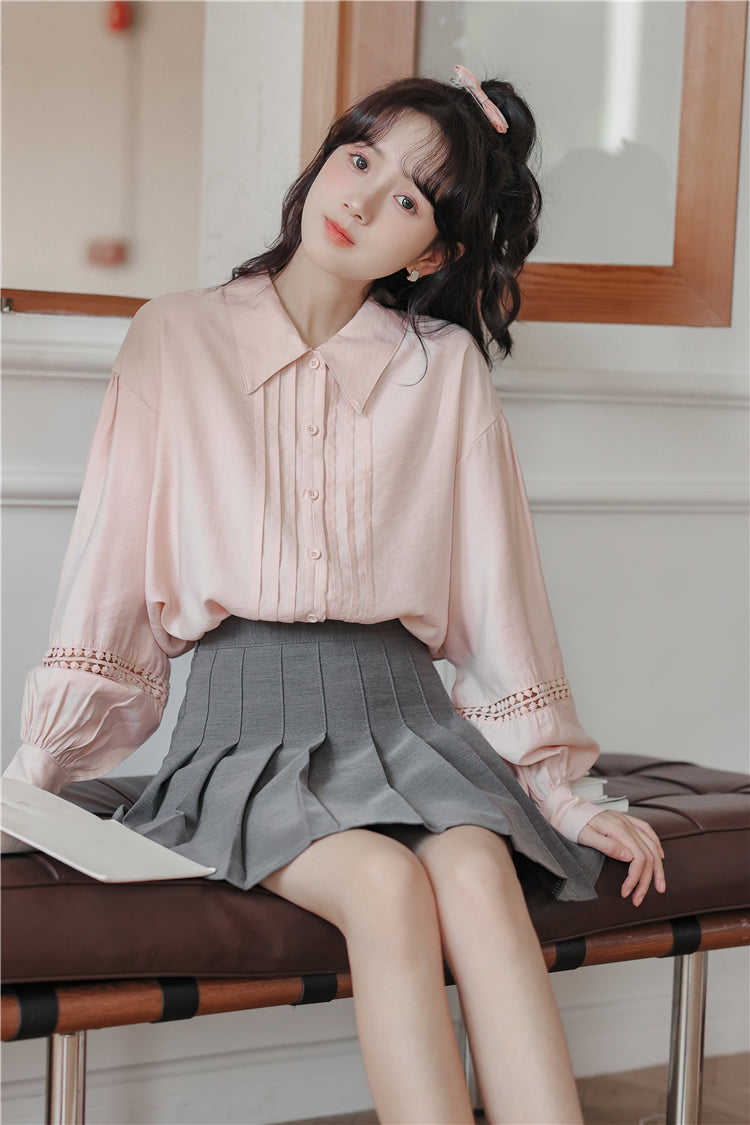 Pintuck Puff Sleeve Blouse (Pink)