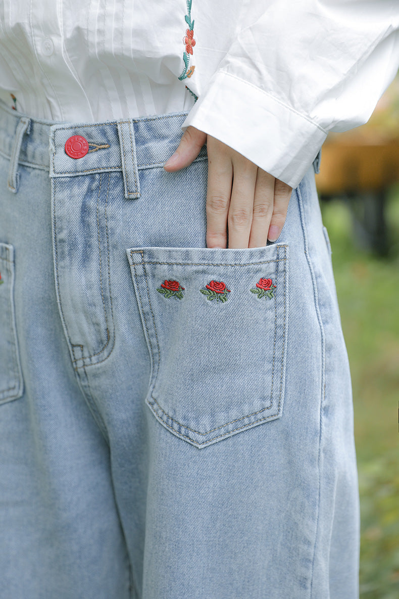 Embroidered Rose Pocket Jeans (Light Denim)