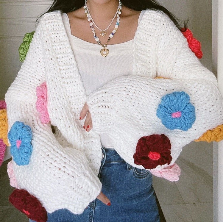 Chunky Daisy Cropped Cardigan (White/Multi)