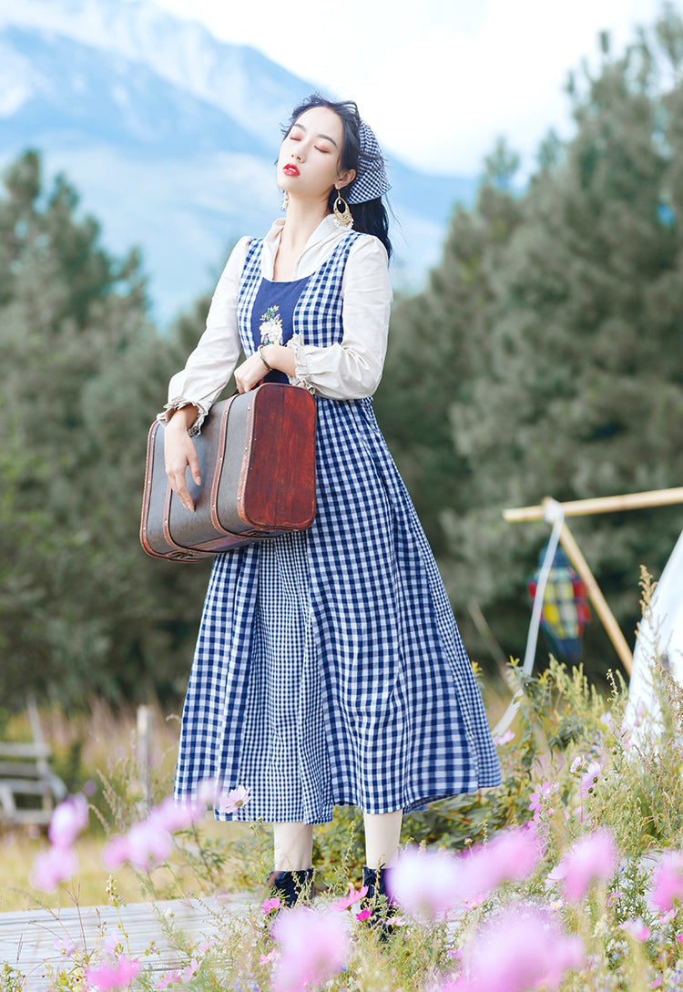 Gingham Pastures Twofer Midi Dress (Blue/White)