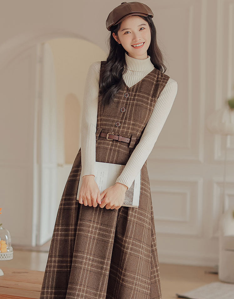 Coffee Plaid Midi Pinafore Dress (Brown)