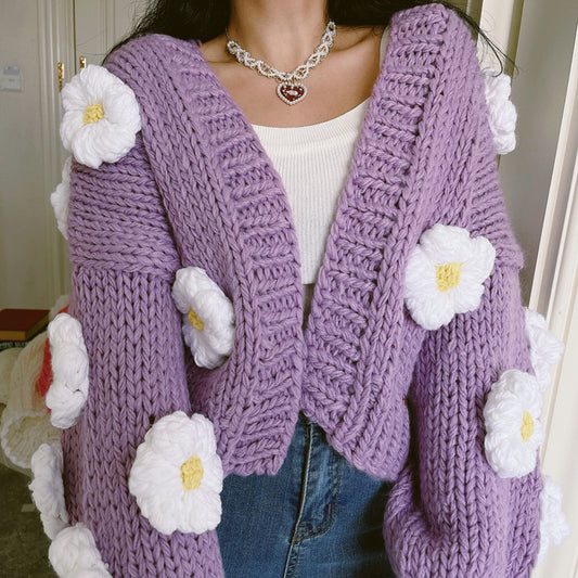 Chunky Daisy Cropped Cardigan (Purple)