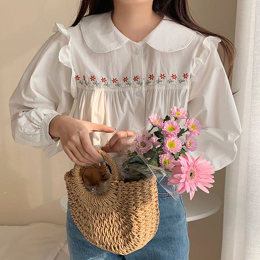 Daisy Chain Embroidered Button Up Shirt (White)