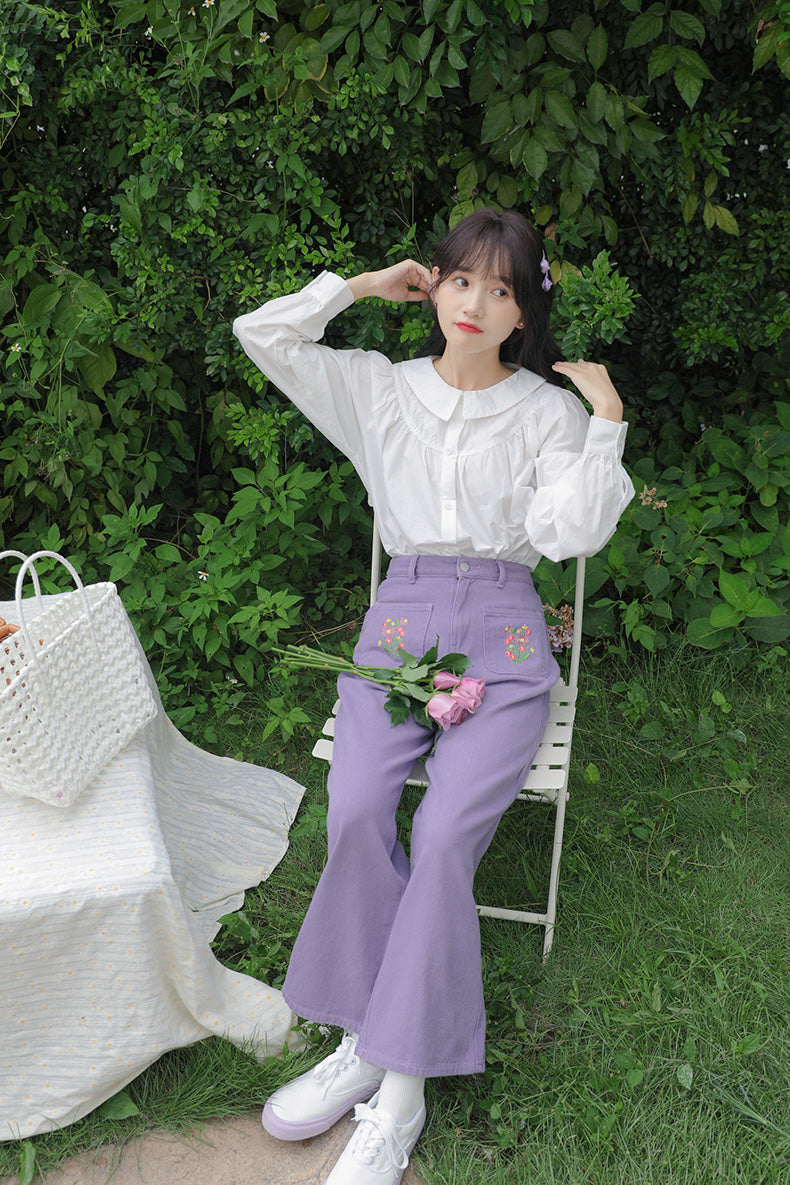 Embroidered Floral Pocket Jeans (Purple)