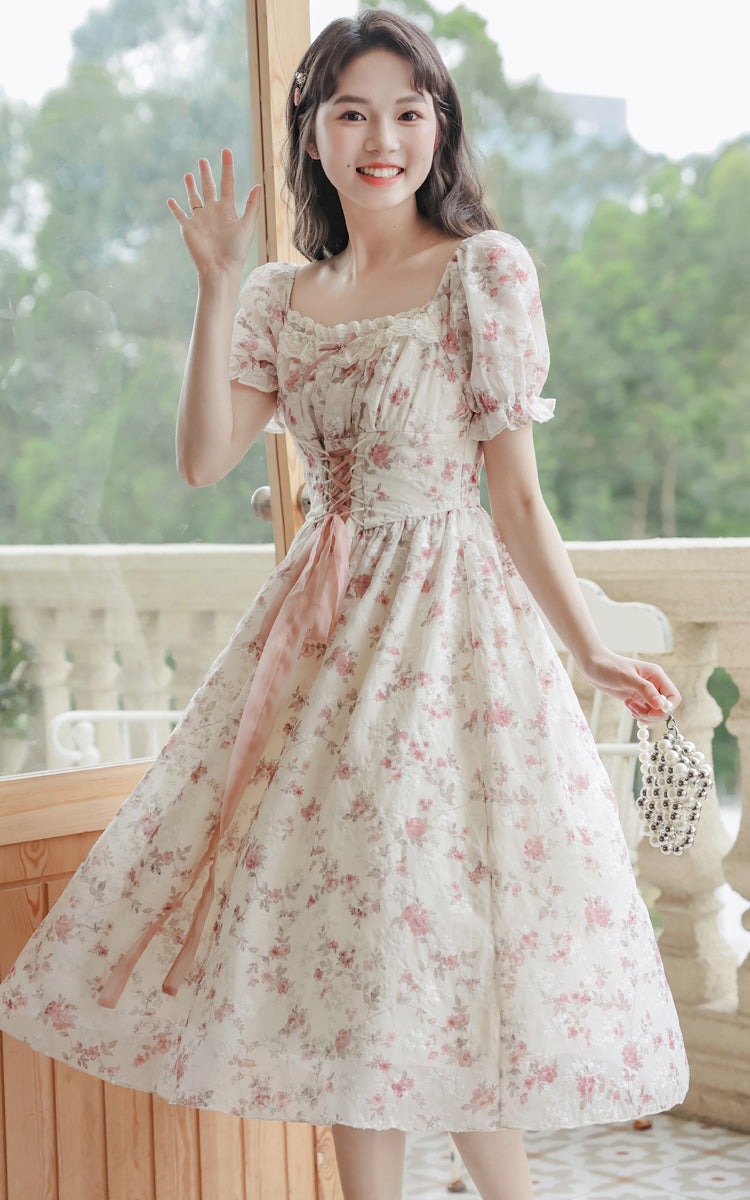 Cherry Blossom Lace Up Dress (White/Pink)