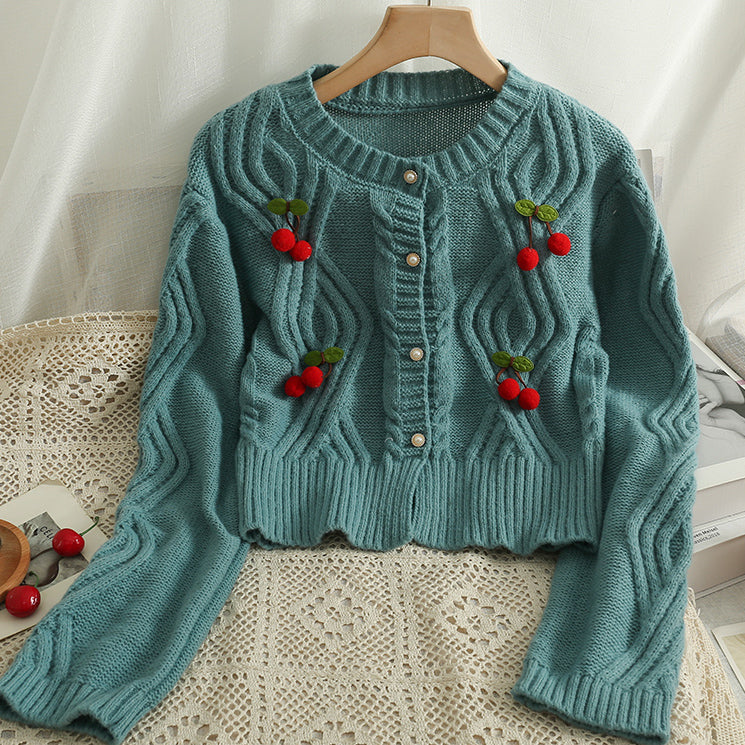 Cherry Pom Pom Cropped Cardigan (4 Colors)
