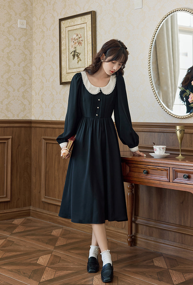 Beth Peter Pan Collar Midi Dress (Black)