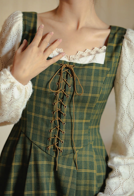 Rustic Plaid Lace Up Corset Midi Dress (Green)