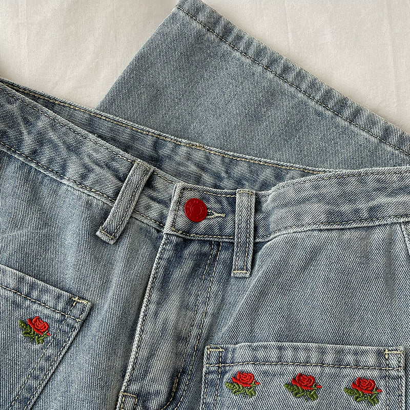 Embroidered Rose Pocket Jeans (Light Denim)