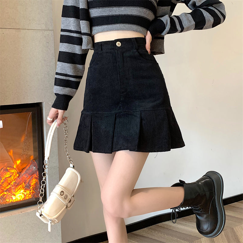 Corduroy Mermaid Pleated Skirt (2 Colors)
