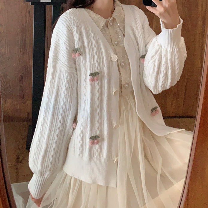 Cherry Pom Pom Cardigan (4 Colors)
