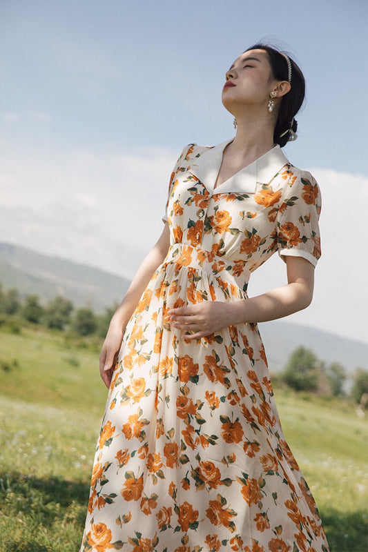 Sunset Rose Collared Midi Dress (White/Orange)