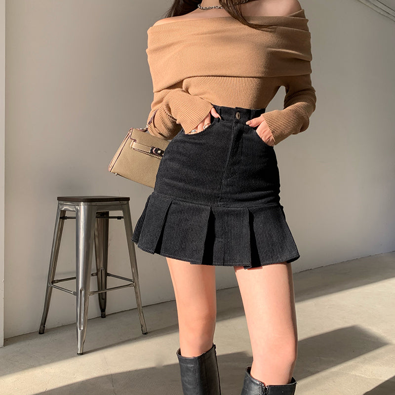 Corduroy Mermaid Pleated Skirt (2 Colors)