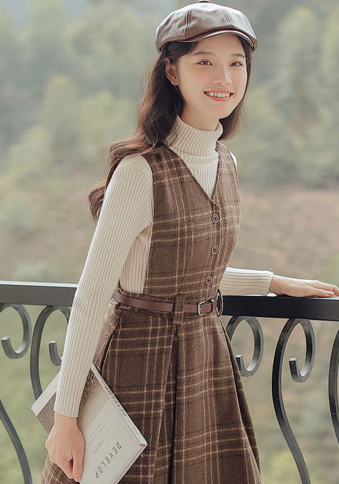 Coffee Plaid Midi Pinafore Dress (Brown)