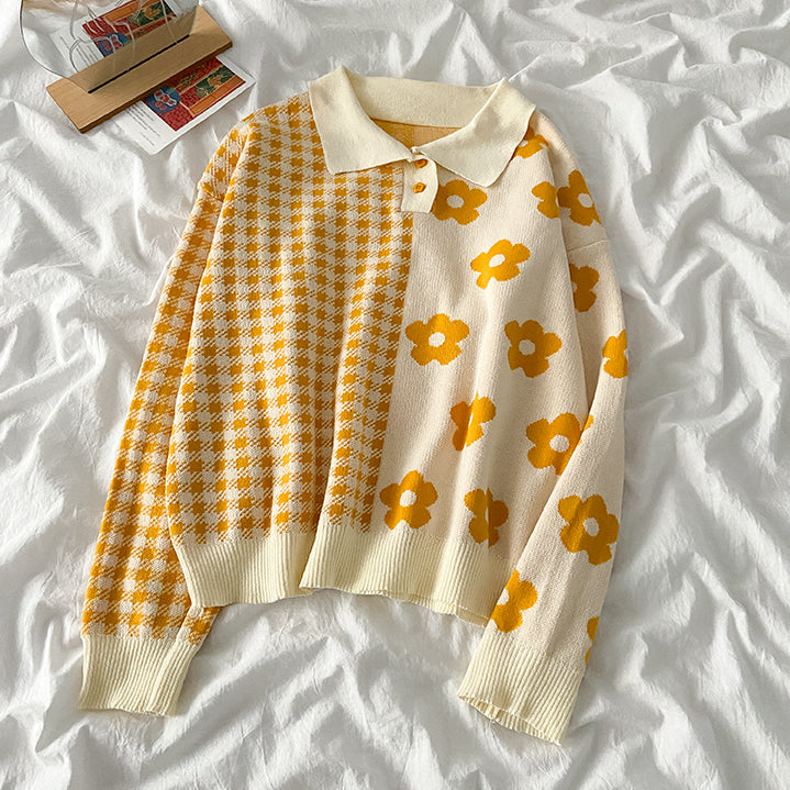 Gingham Daisy Polo Sweater (2 Colors)