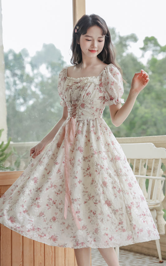 Cherry Blossom Lace Up Dress (White/Pink)