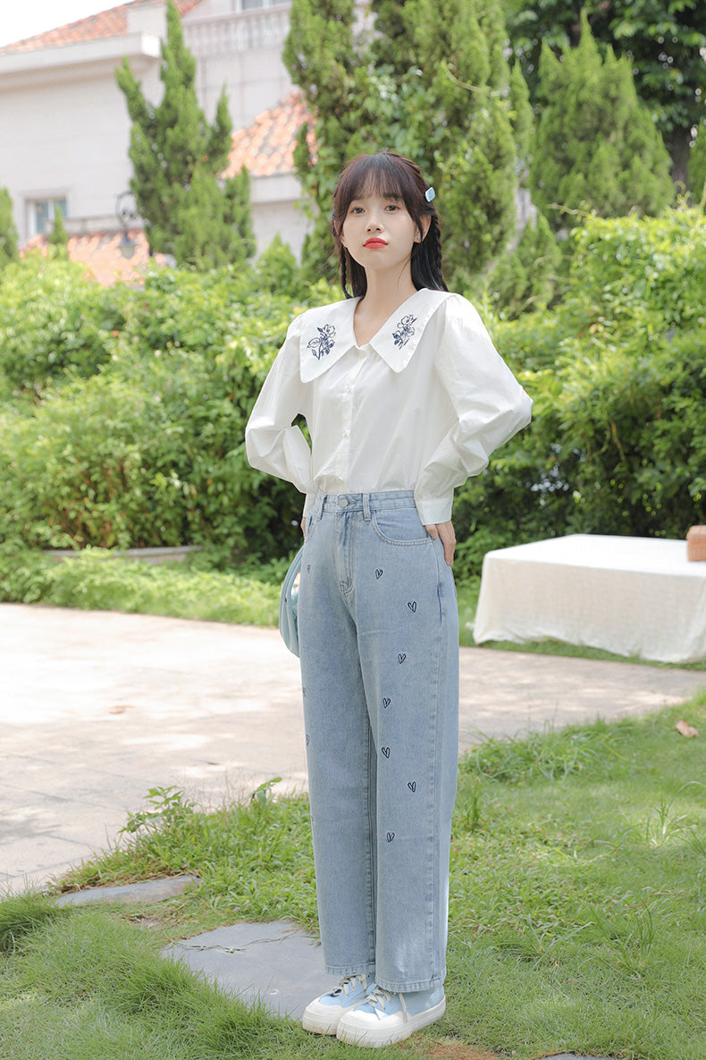 Doodle Hearts Embroidered Jeans (Light Denim)