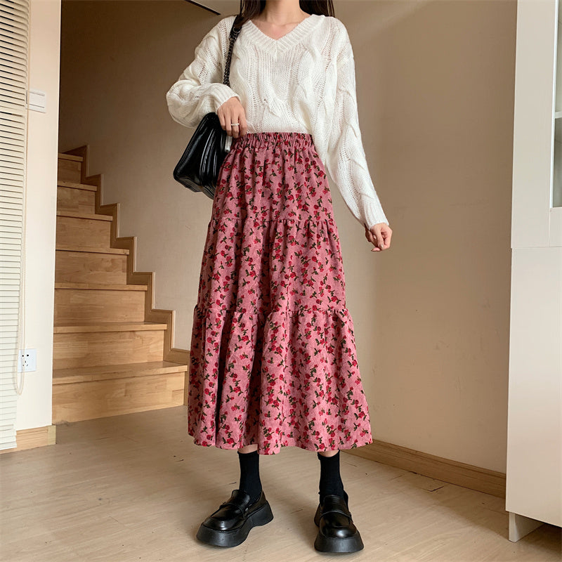 Rose Corduroy Tiered Midi Skirt (3 Colors)