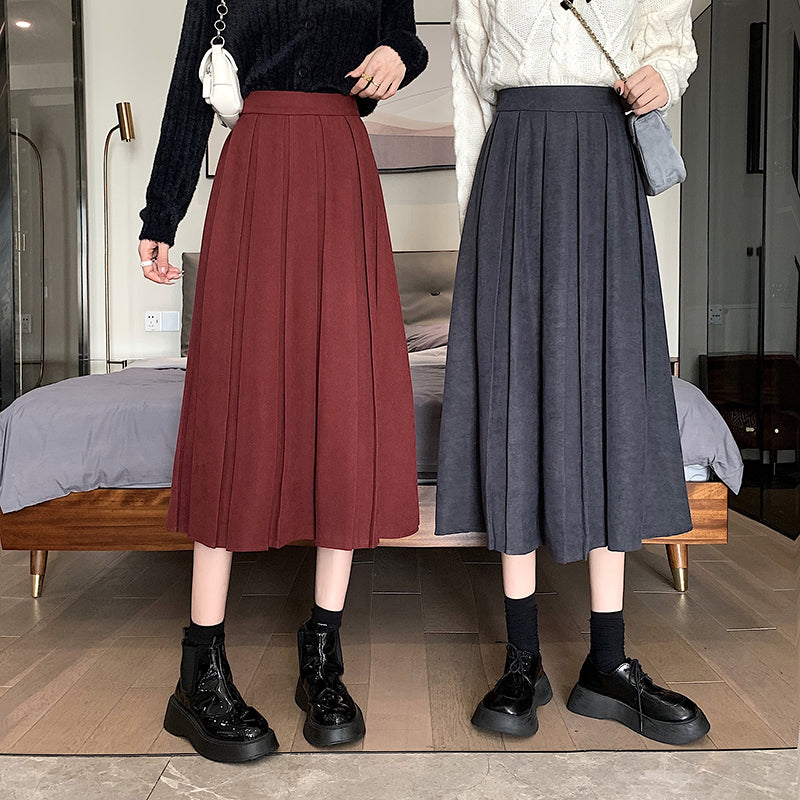 Corduroy Suede Pleated Midi Skirt (6 Colors)