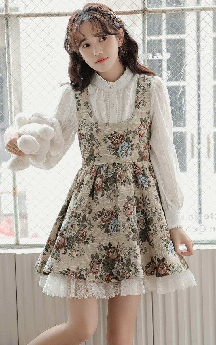 Rustic Rose Babydoll Dress (Beige)