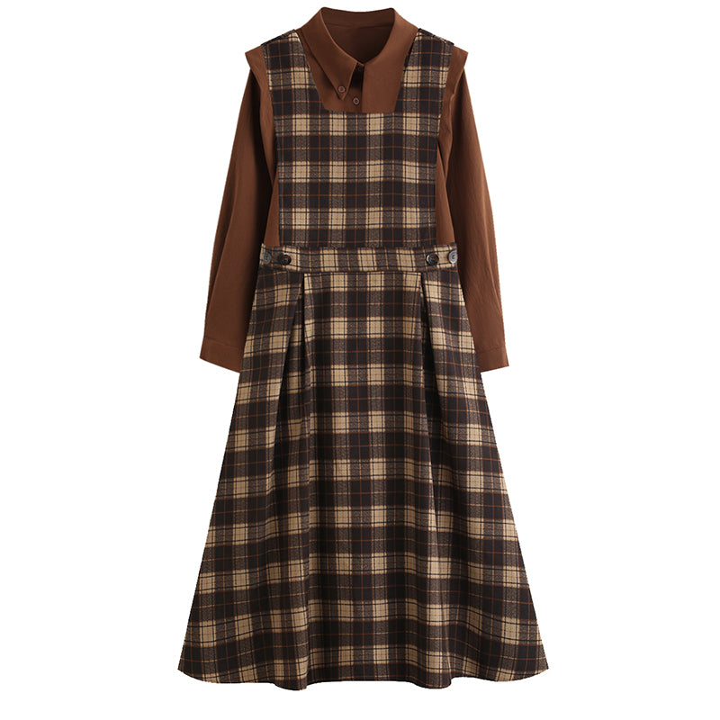 Crepe Plaid Pinafore Dress Set (2 Colors)