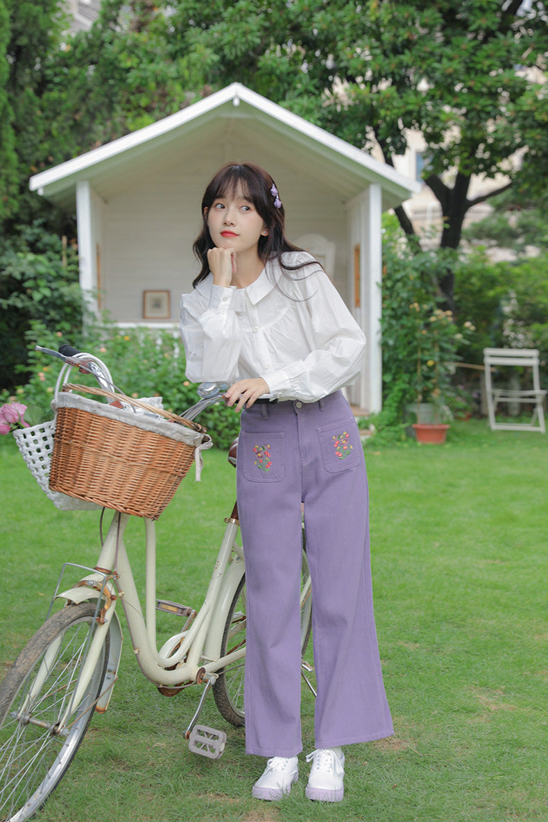 Embroidered Floral Pocket Jeans (Purple)