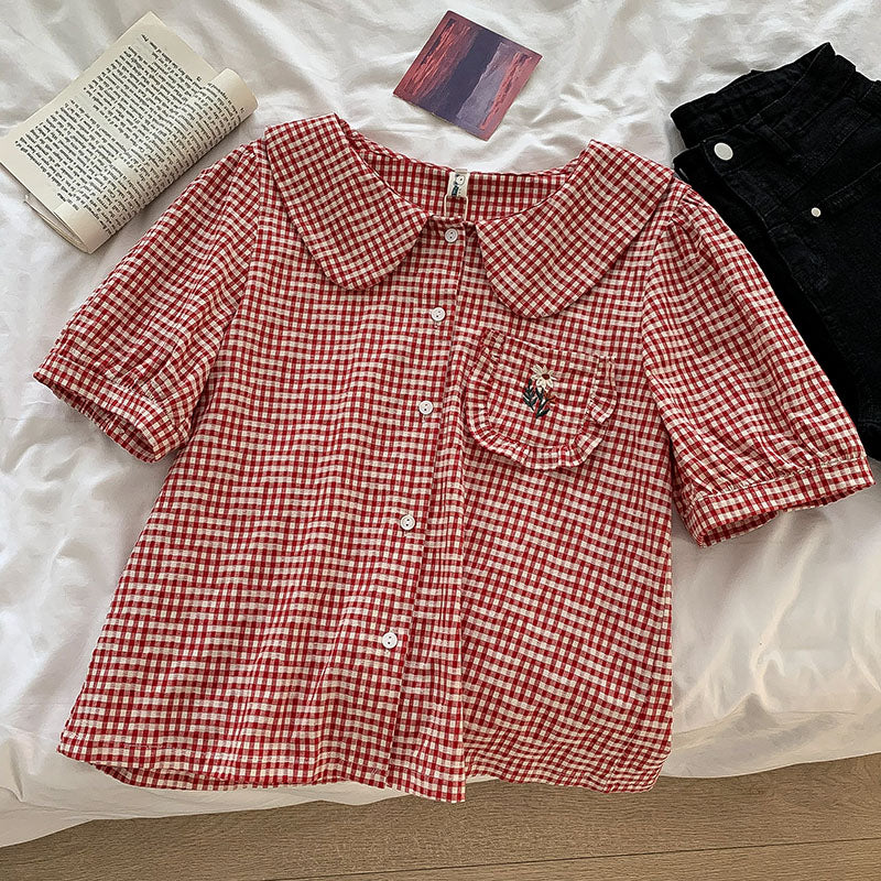 Daisy Pocket Gingham Blouse (Red)