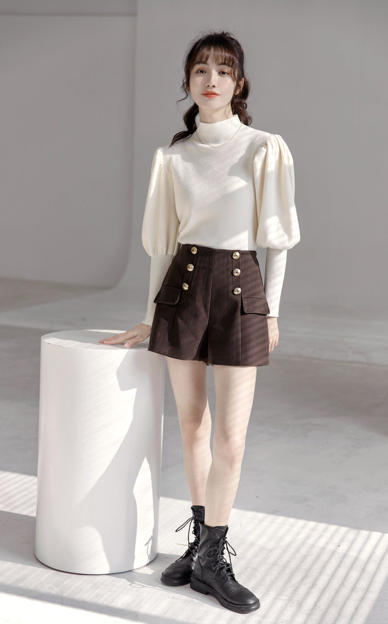 Puff Sleeve High Neck Sweater (Cream)