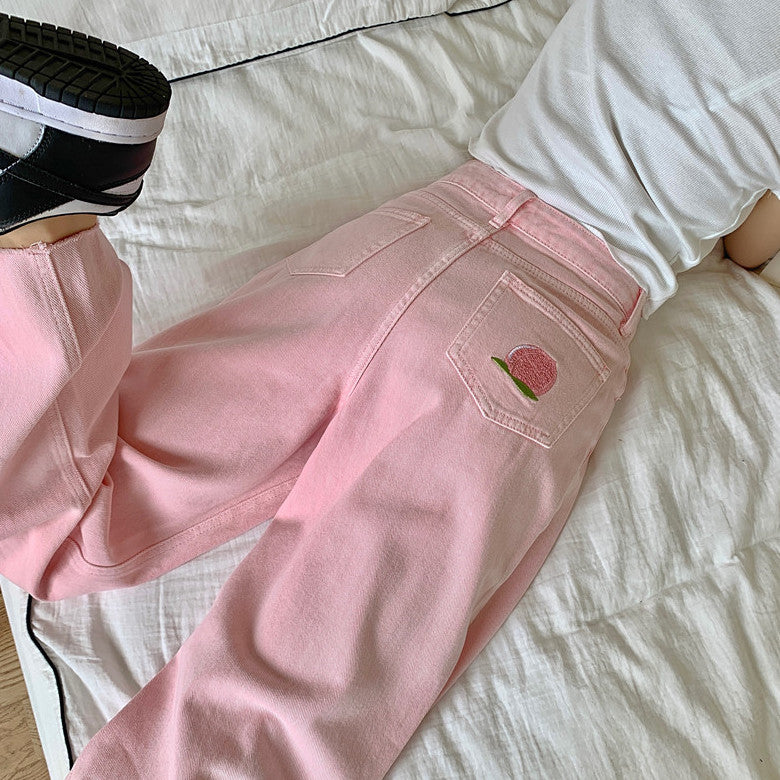 Embroidered Peach Jeans (Pink)