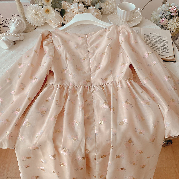 Puff Sleeve Bow Floral Jacquard Dress (Beige)