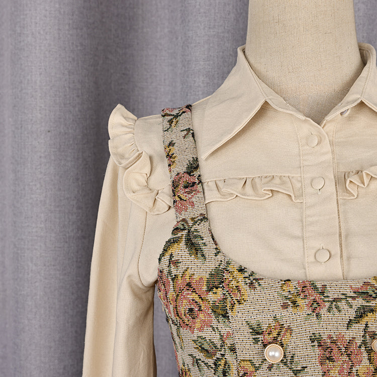 Rustic Floral Twofer Dress (White/Khaki)