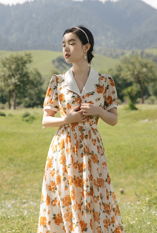 Sunset Rose Collared Midi Dress (White/Orange)