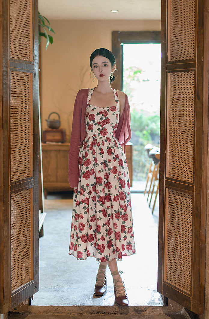 Retro Rose Midi Dress (White/Red)