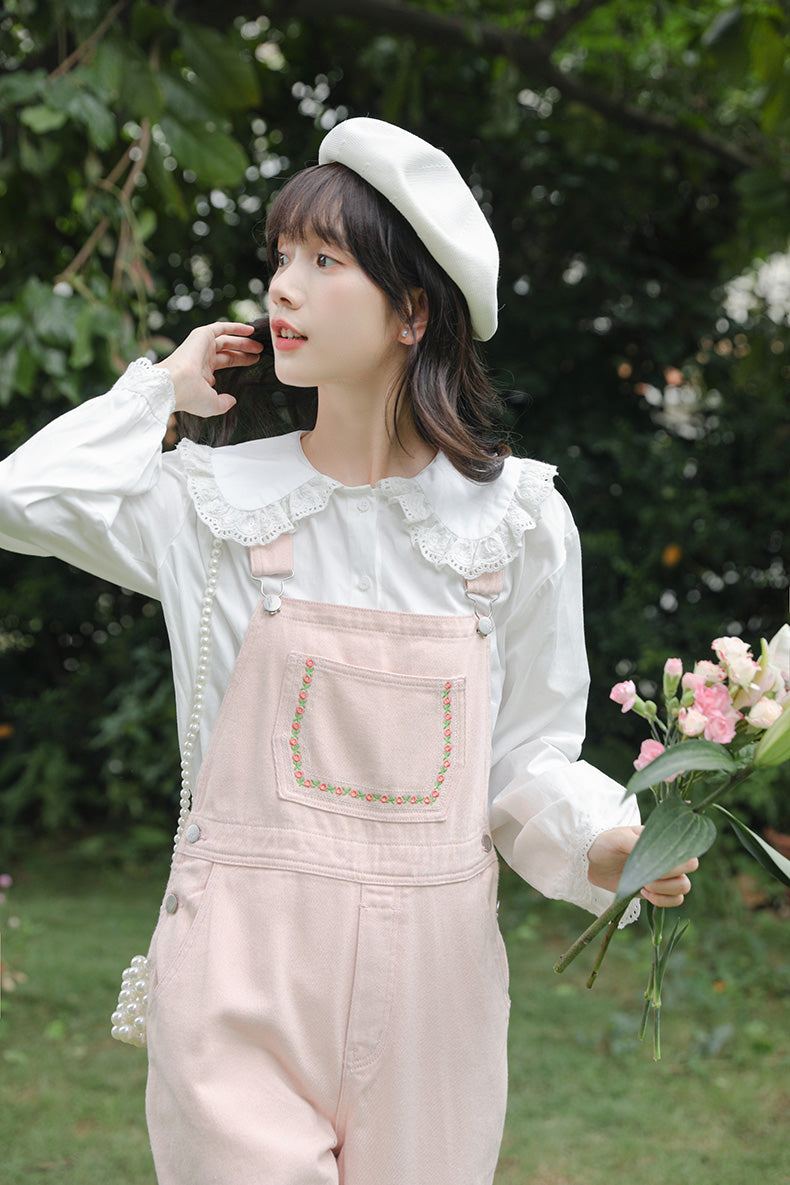 Daisy Chain Embroidered Denim Overalls (Pink)