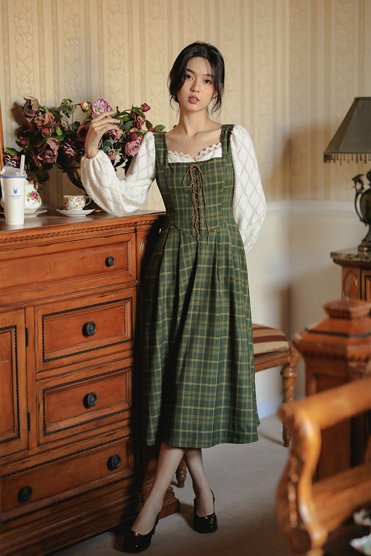 Rustic Plaid Lace Up Corset Midi Dress (Green)