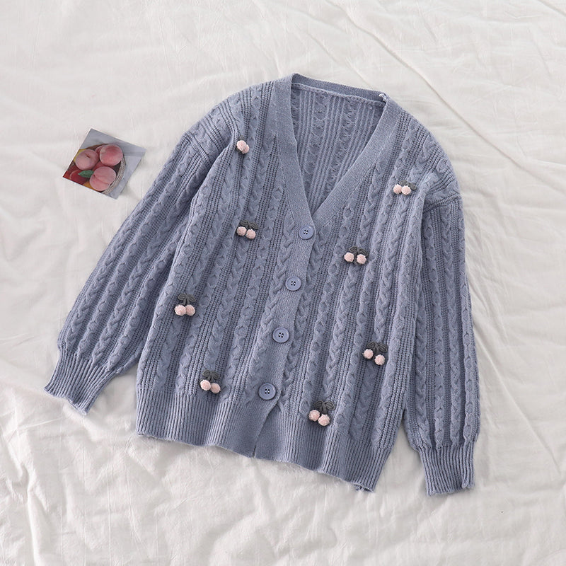 Cherry Pom Pom Cardigan (4 Colors)