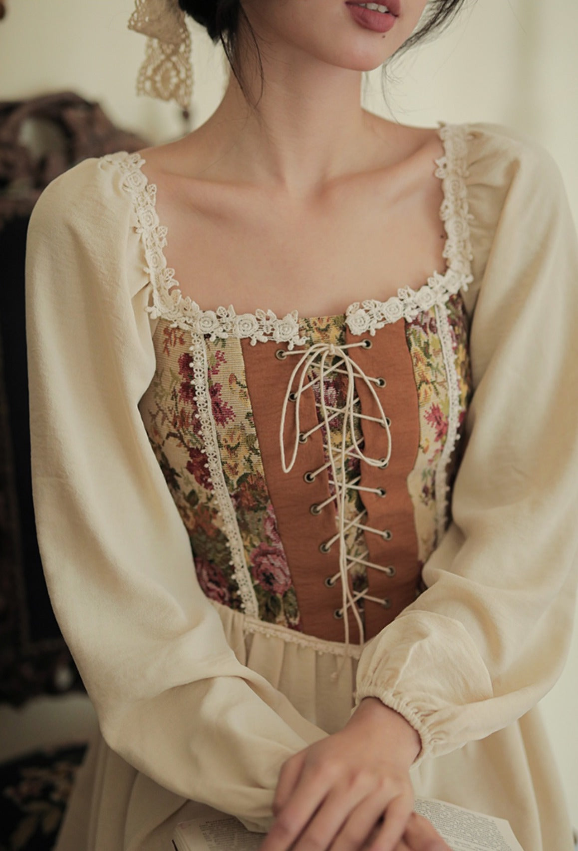 Rustic Rose Lace Up Corset Midi Dress (Pink/Cream) S Rustic Rose Lace Up Corset Midi Dress (Pink/Cream) S