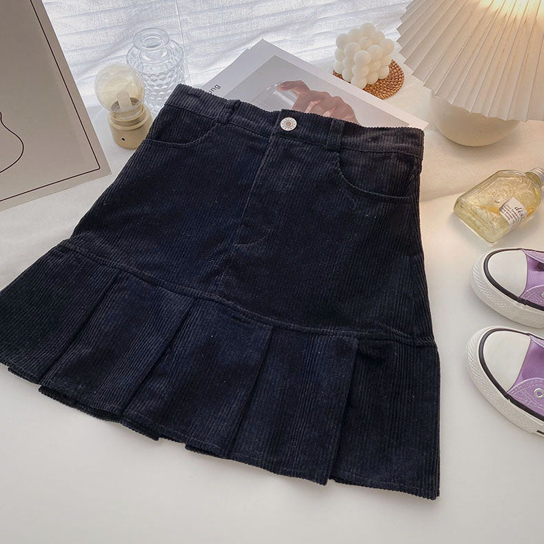 Corduroy Mermaid Pleated Skirt (2 Colors)