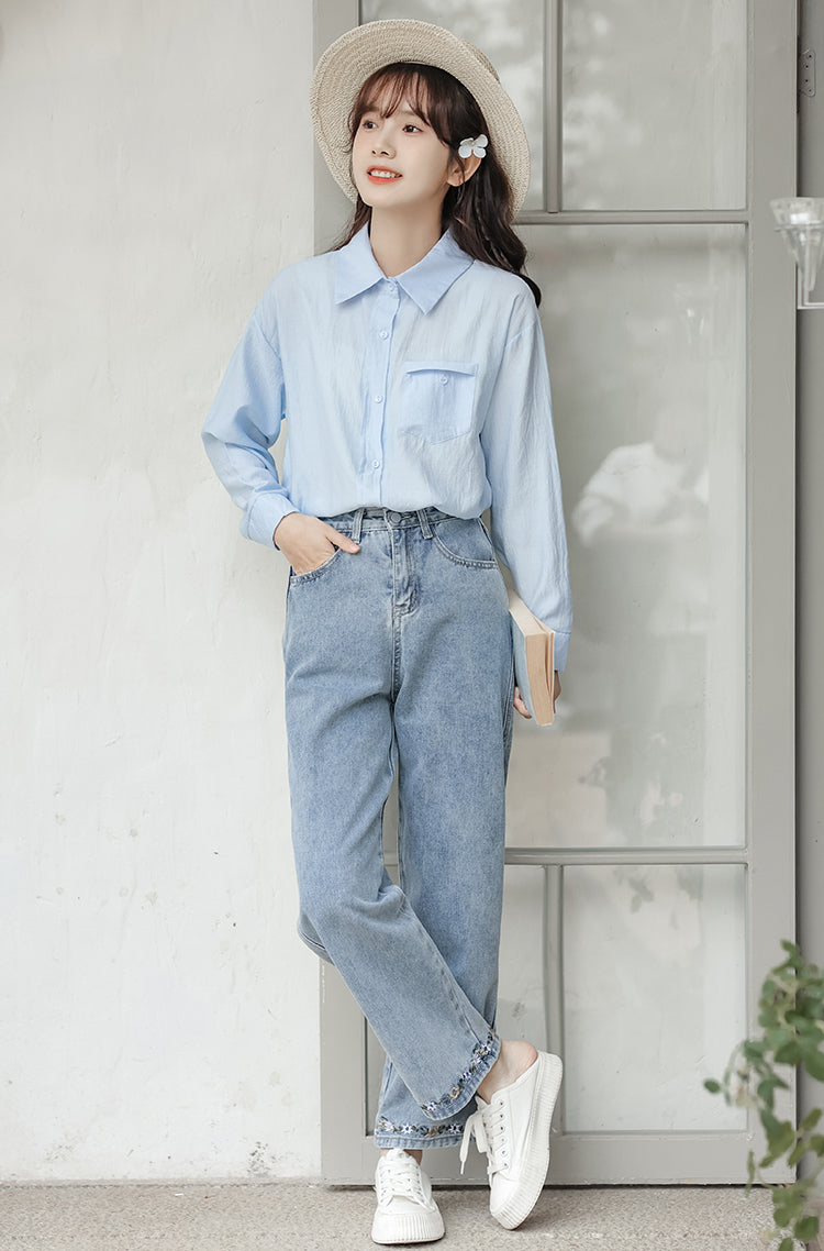 Flower Hem Embroidered Jeans (Acid Wash)