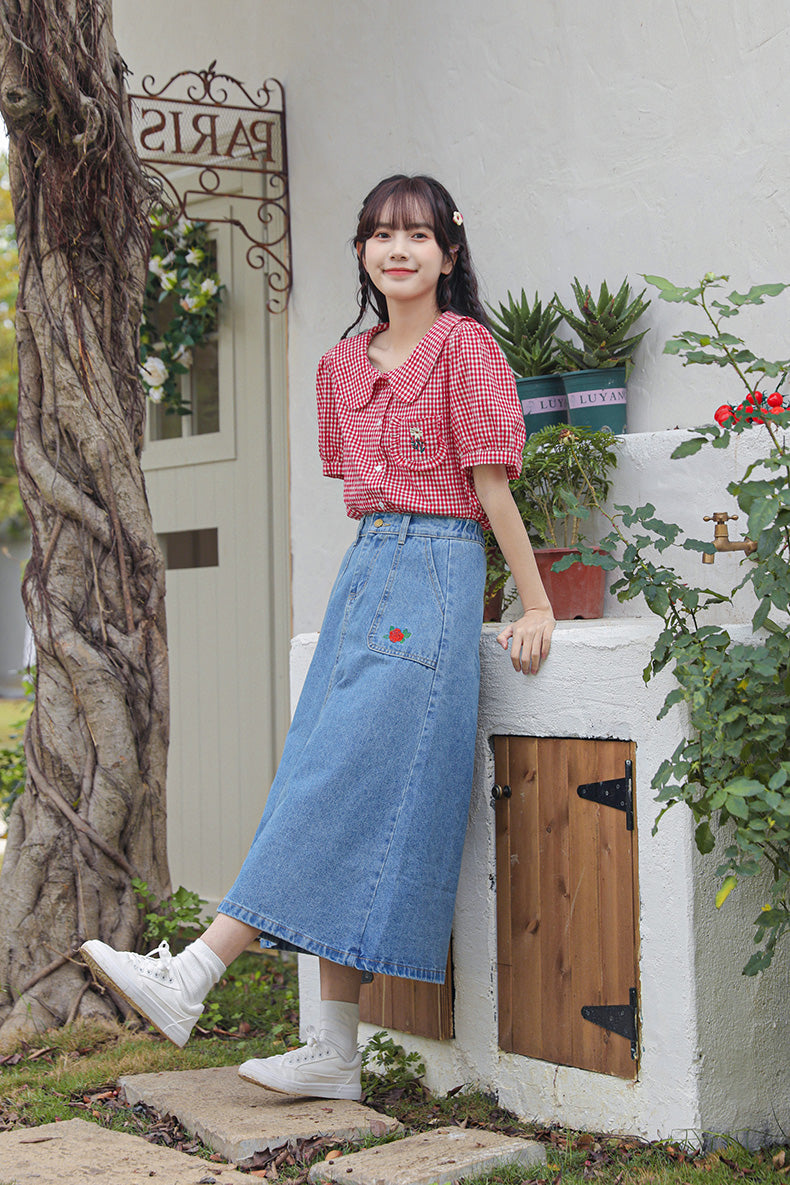 Daisy Pocket Gingham Blouse (Red)