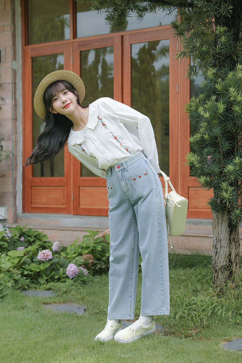 Embroidered Rose Pocket Jeans (Light Denim)