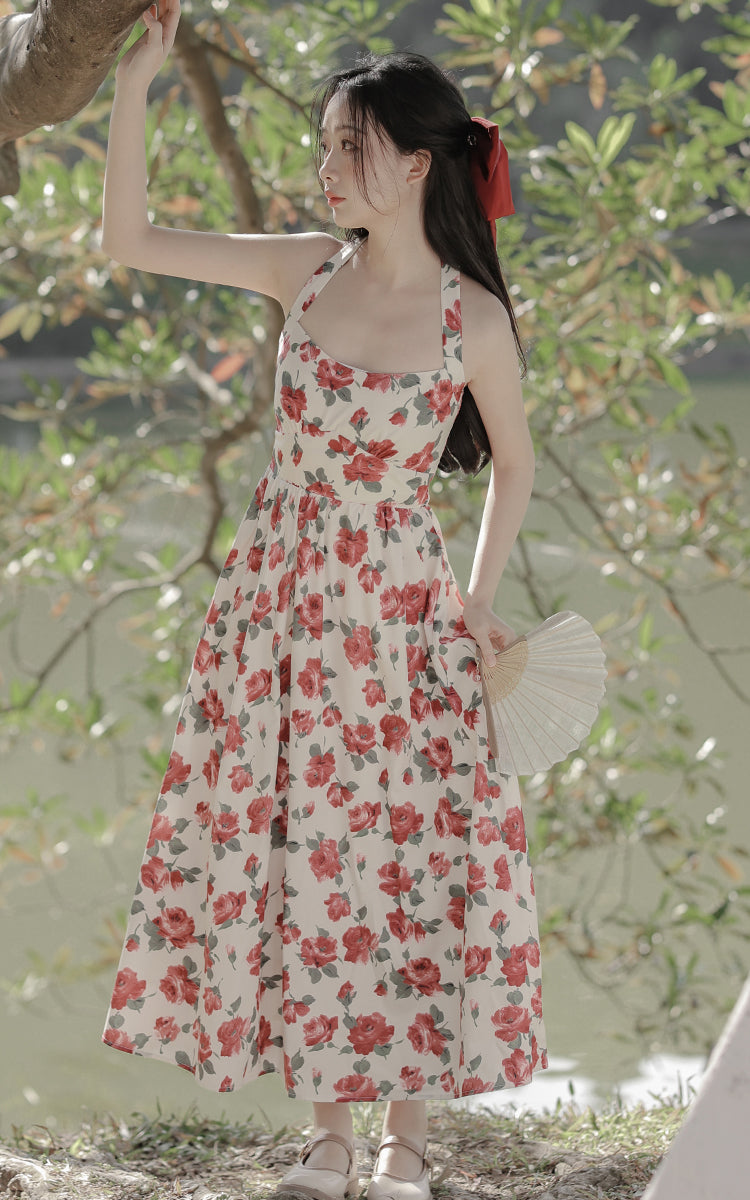 Retro Rose Midi Dress (White/Red)