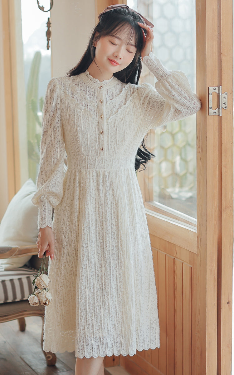 Lace & Vines Midi Dress (White)