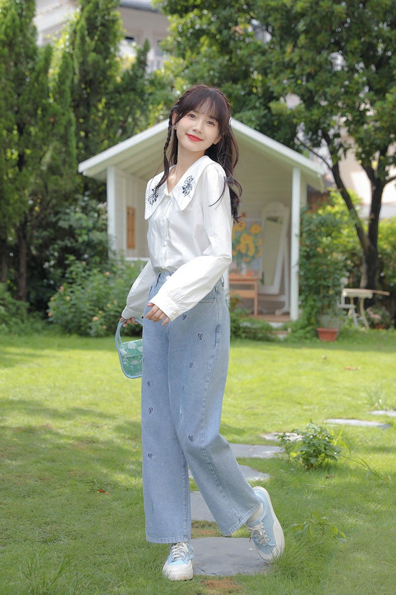 Doodle Hearts Embroidered Jeans (Light Denim)