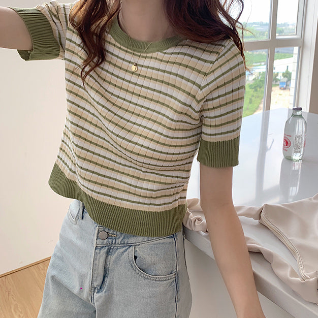 Short Sleeve Stripe Sweater (4 Colors)