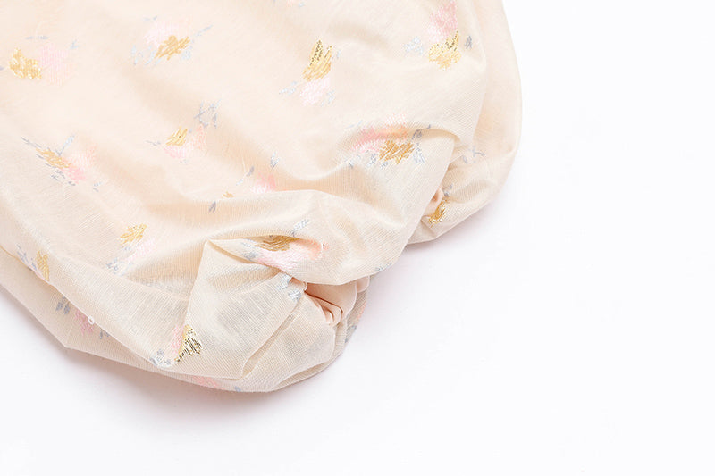Puff Sleeve Bow Floral Jacquard Dress (Beige)