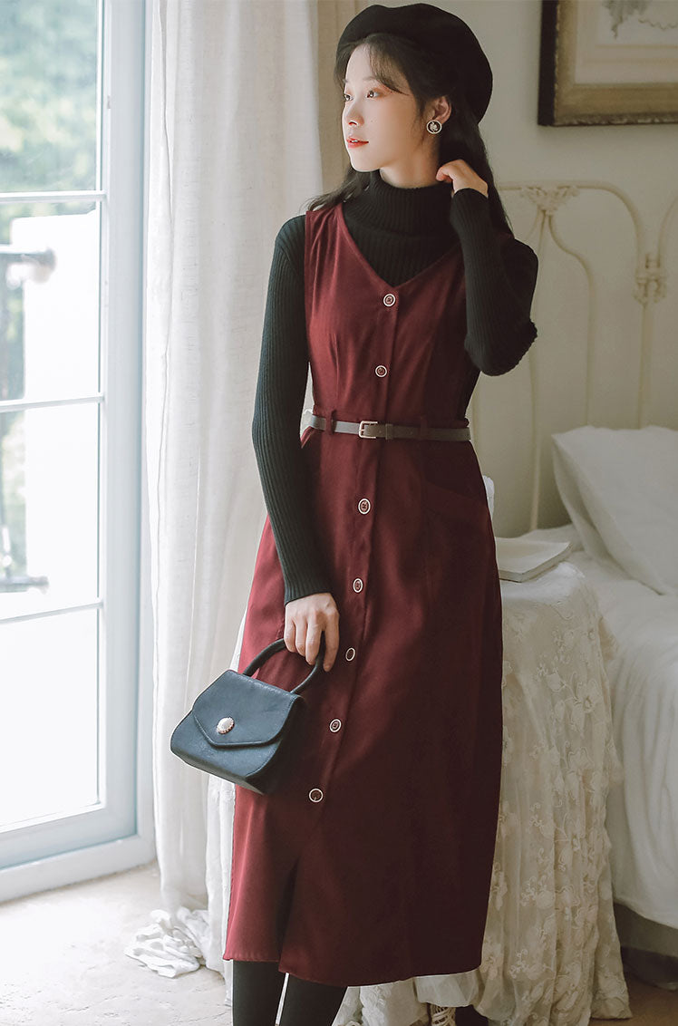 Button Up Suede Pinafore Dress (4 Colors)