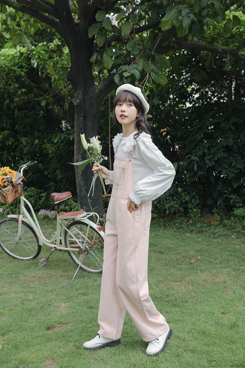 Daisy Chain Embroidered Denim Overalls (Pink)