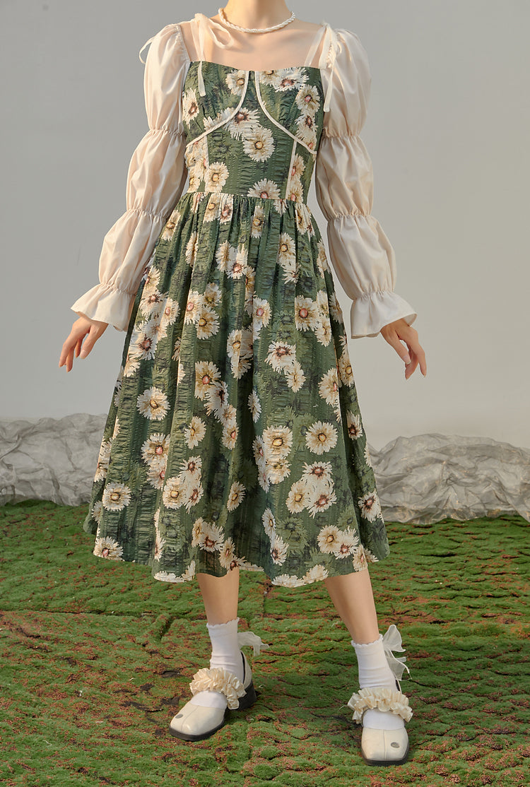 Daisy Cottage Midi Dress (Green)
