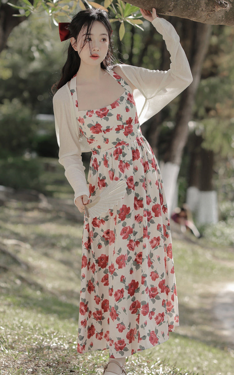 Retro Rose Midi Dress (White/Red)